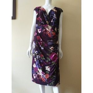 Lauren Ralph Lauren Sheath Dress 16W Purple Floral V Neck Stretch Faux Wrap Midi